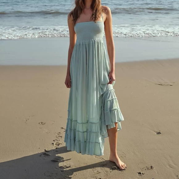 Light Mint Green Maxi Halter Dress Tiered Full Flowy Bohemian Beach Vacation New - Picture 1 of 16